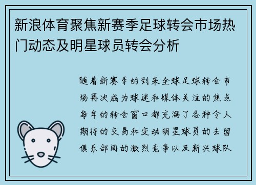 新浪体育聚焦新赛季足球转会市场热门动态及明星球员转会分析